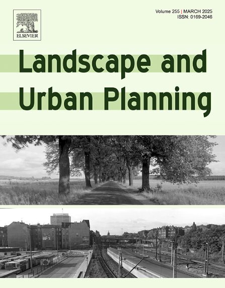 Cover of Landscape and Urban Planning illustrating a tree-lined path seamlessly connecting to a vibrant cityscape. Volume 255, March 2025, emphasizing urban-rural linkages and connectivity.